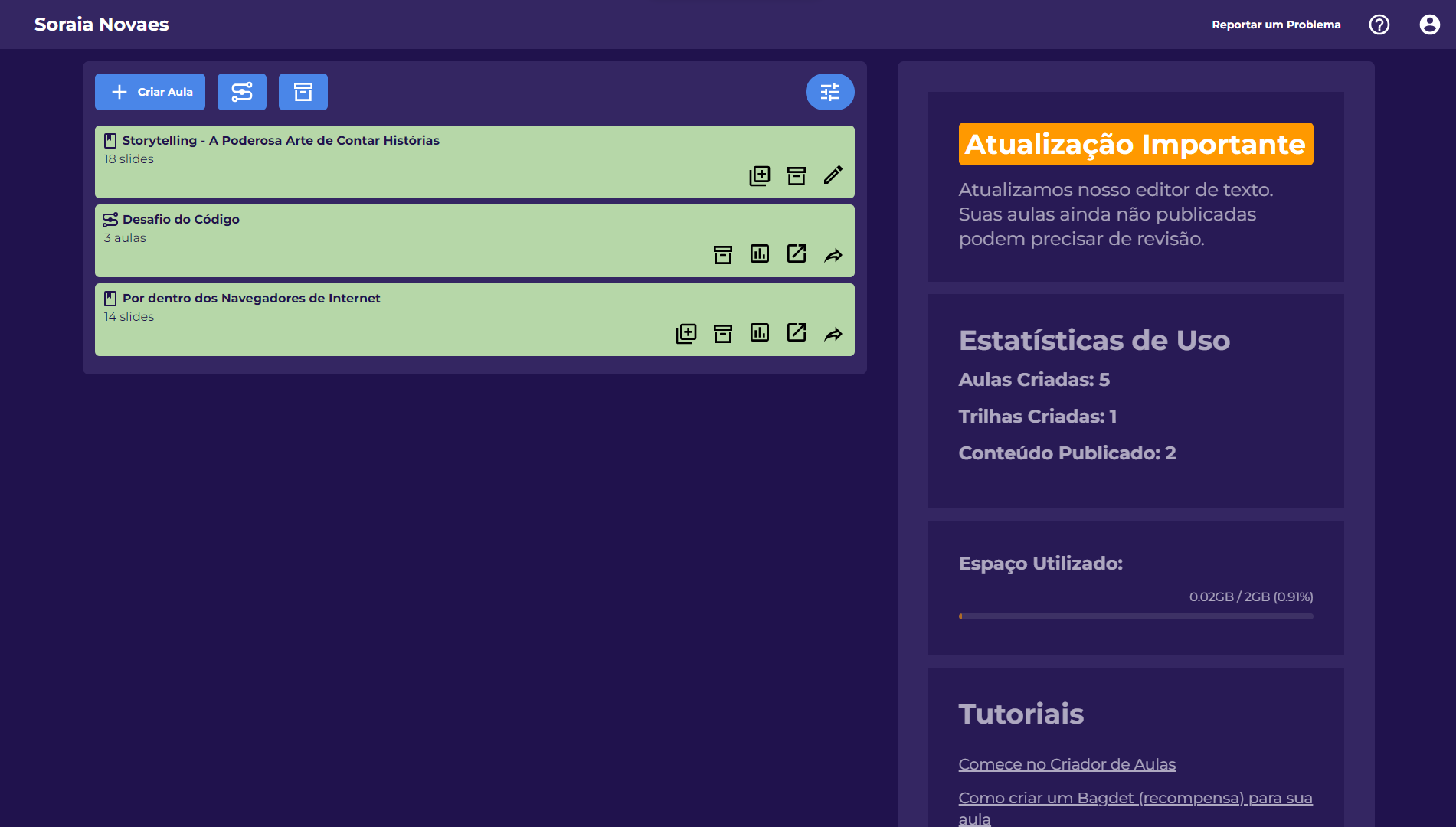 Como publicar, acessar, duplicar, excluir uma aula